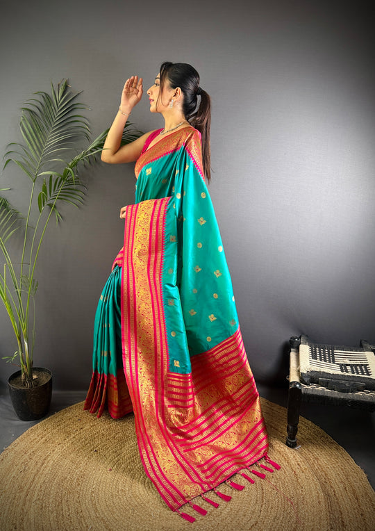Turquoise Soft Silk Zari Woven Designer Saree With Blouse