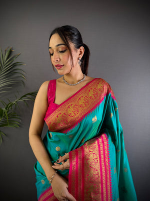 Turquoise Soft Silk Zari Woven Designer Saree With Blouse