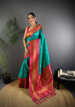 Turquoise Soft Silk Zari Woven Designer Saree With Blouse