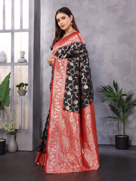 Black Soft Banarasi Silk Zari Woven Designer Saree With Blouse