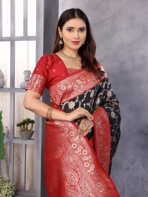 Black Soft Banarasi Silk Zari Woven Designer Saree With Blouse