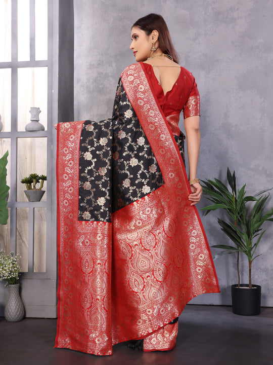 Black Soft Banarasi Silk Zari Woven Designer Saree With Blouse