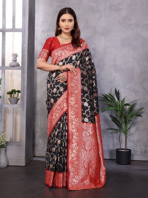 Black Soft Banarasi Silk Zari Woven Designer Saree With Blouse