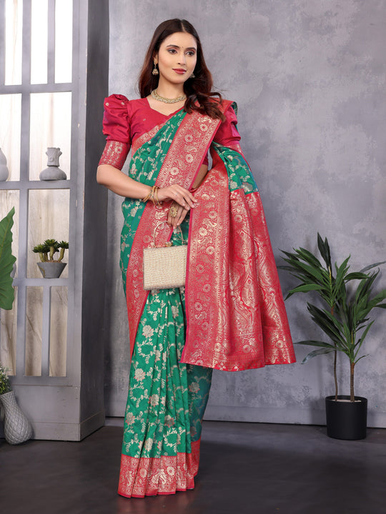 Elora Green Soft Banarasi Silk Zari Woven Designer Saree With Blouse