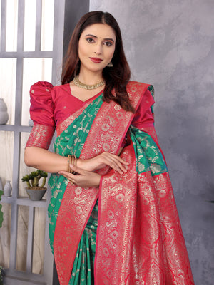 Elora Green Soft Banarasi Silk Zari Woven Designer Saree With Blouse