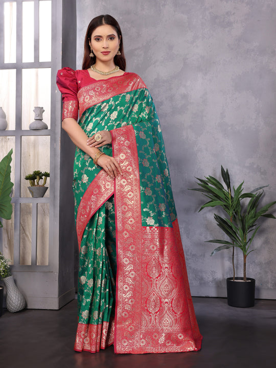 Elora Green Soft Banarasi Silk Zari Woven Designer Saree With Blouse