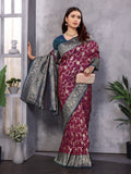 Wine Soft Banarasi Silk Zari Woven Designer Saree With Blouse