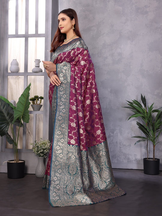 Wine Soft Banarasi Silk Zari Woven Designer Saree With Blouse