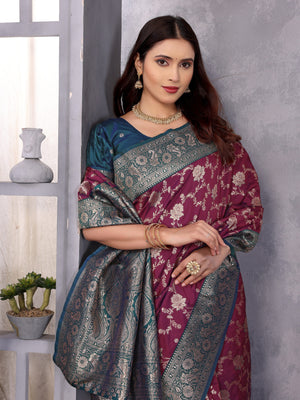 Wine Soft Banarasi Silk Zari Woven Designer Saree With Blouse