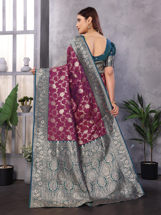 Wine Soft Banarasi Silk Zari Woven Designer Saree With Blouse