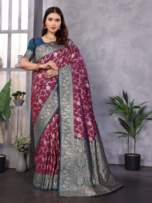 Wine Soft Banarasi Silk Zari Woven Designer Saree With Blouse