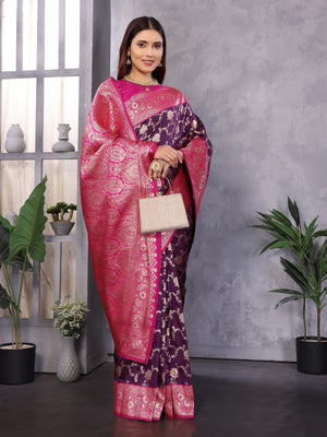 Purple Soft Banarasi Silk Zari Woven Designer Saree With Blouse