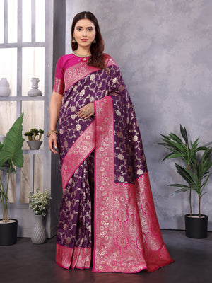 Purple Soft Banarasi Silk Zari Woven Designer Saree With Blouse