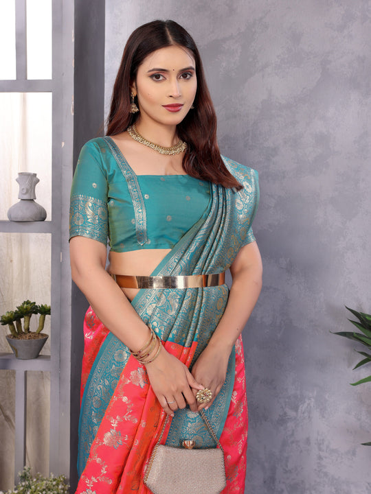 Elora Peach Soft Banarasi Silk Zari Woven Designer Saree With Blouse