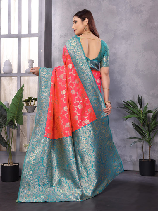 Elora Peach Soft Banarasi Silk Zari Woven Designer Saree With Blouse