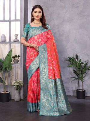 Elora Peach Soft Banarasi Silk Zari Woven Designer Saree With Blouse