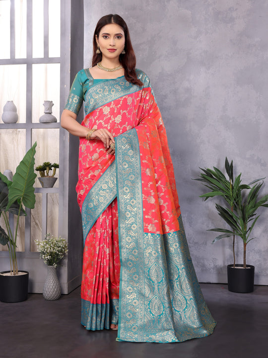 Elora Peach Soft Banarasi Silk Zari Woven Designer Saree With Blouse