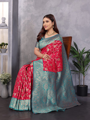 Gajri Red Soft Banarasi Silk Zari Woven Designer Saree With Blouse