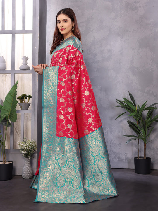 Gajri Red Soft Banarasi Silk Zari Woven Designer Saree With Blouse