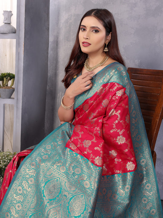 Gajri Red Soft Banarasi Silk Zari Woven Designer Saree With Blouse