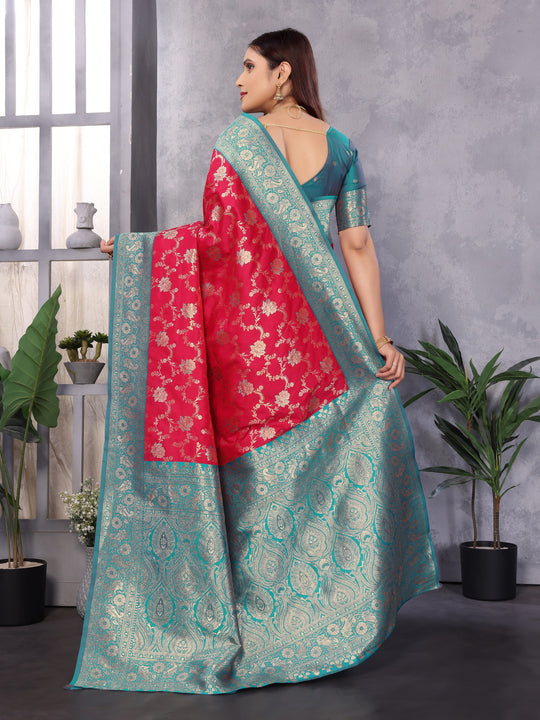 Gajri Red Soft Banarasi Silk Zari Woven Designer Saree With Blouse