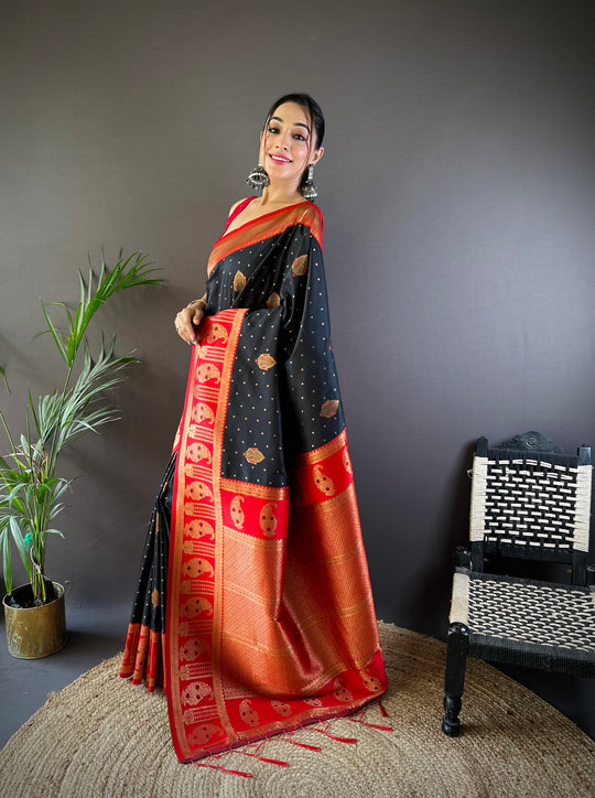 Black Soft Banarasi Silk Zari Woven Designer Saree With Blouse