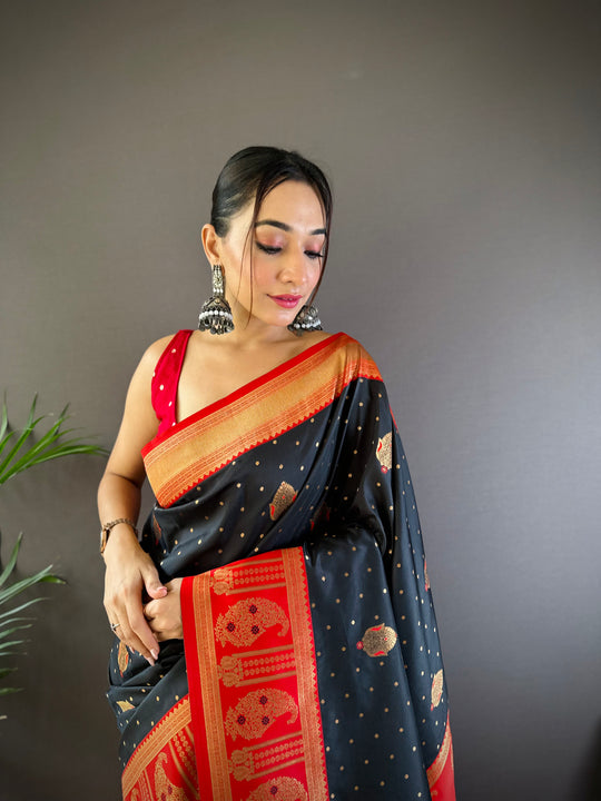 Black Soft Banarasi Silk Zari Woven Designer Saree With Blouse
