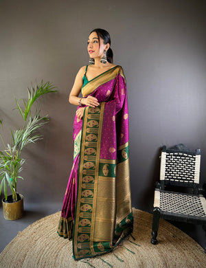 Wine Soft Banarasi Silk Zari Woven Designer Saree With Blouse
