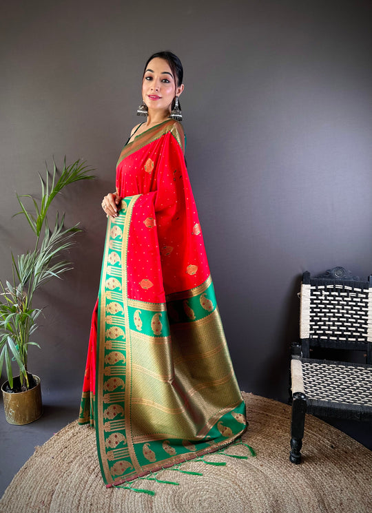 Red Soft Banarasi Silk Zari Woven Designer Saree With Blouse