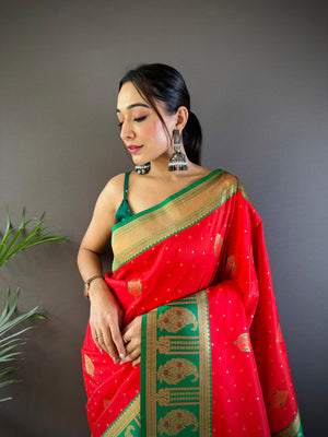 Red Soft Banarasi Silk Zari Woven Designer Saree With Blouse