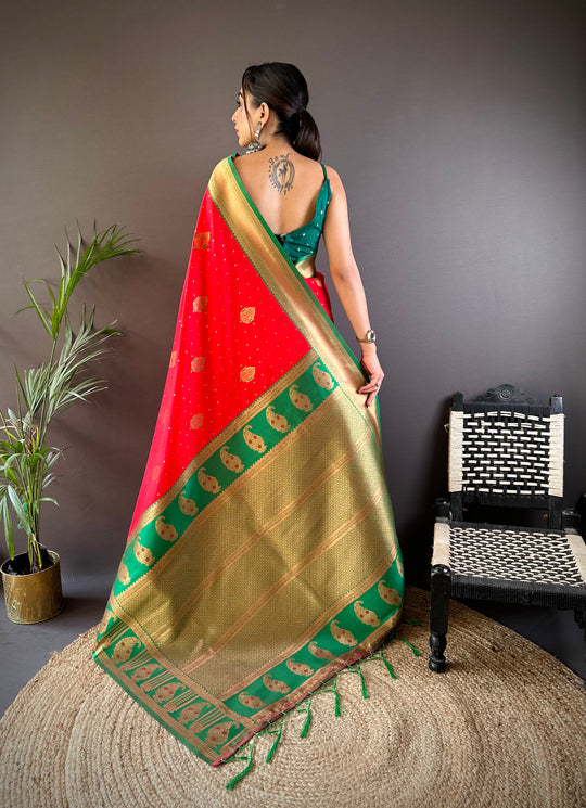 Red Soft Banarasi Silk Zari Woven Designer Saree With Blouse