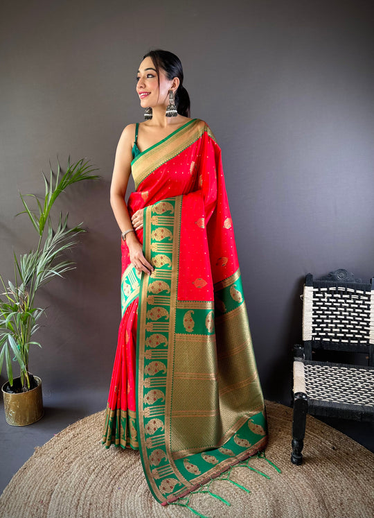 Red Soft Banarasi Silk Zari Woven Designer Saree With Blouse