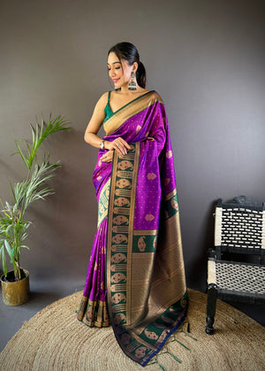 Purple Soft Banarasi Silk Zari Woven Designer Saree With Blouse