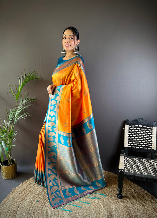 Orange Soft Banarasi Silk Zari Woven Designer Saree With Blouse