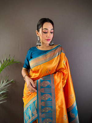Orange Soft Banarasi Silk Zari Woven Designer Saree With Blouse