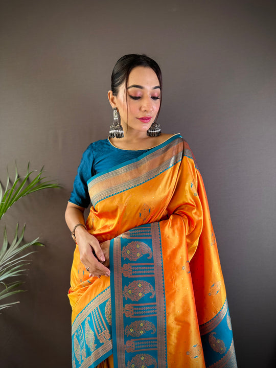 Orange Soft Banarasi Silk Zari Woven Designer Saree With Blouse