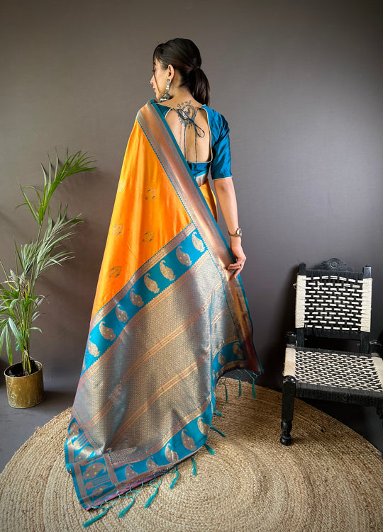 Orange Soft Banarasi Silk Zari Woven Designer Saree With Blouse