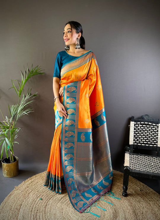 Orange Soft Banarasi Silk Zari Woven Designer Saree With Blouse