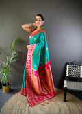 Turquoise Soft Banarasi Silk Zari Woven Designer Saree With Blouse