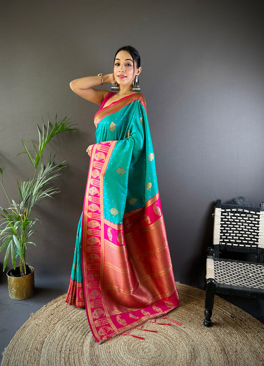 Turquoise Soft Banarasi Silk Zari Woven Designer Saree With Blouse