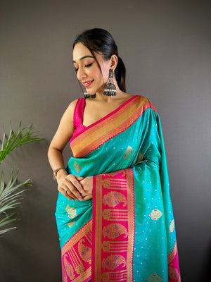 Turquoise Soft Banarasi Silk Zari Woven Designer Saree With Blouse