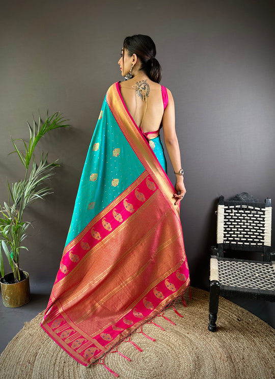 Turquoise Soft Banarasi Silk Zari Woven Designer Saree With Blouse