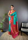 Turquoise Soft Banarasi Silk Zari Woven Designer Saree With Blouse