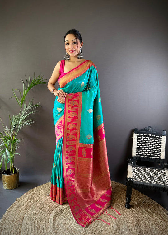 Turquoise Soft Banarasi Silk Zari Woven Designer Saree With Blouse