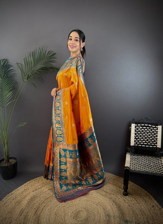 Orange Soft Banarasi Silk Zari Woven Designer Saree With Blouse