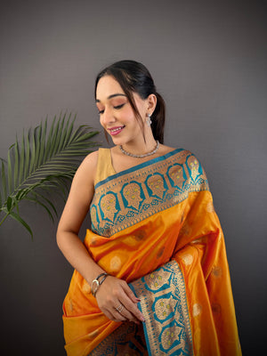 Orange Soft Banarasi Silk Zari Woven Designer Saree With Blouse