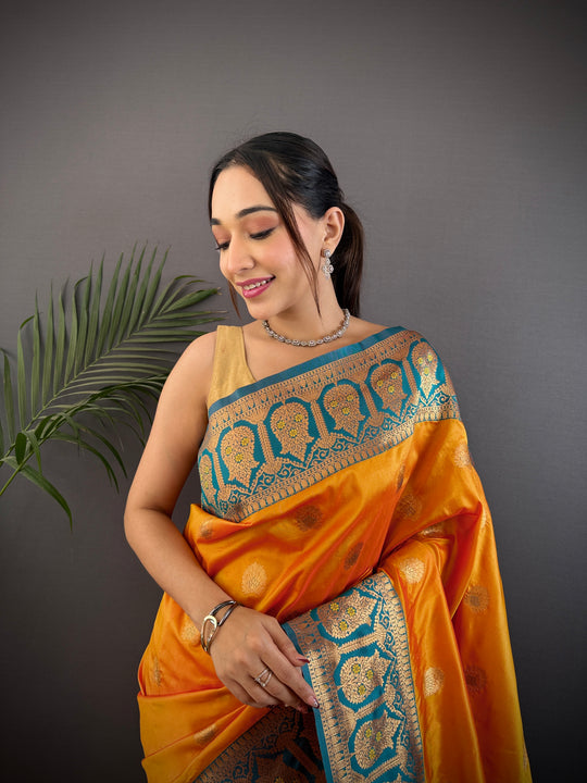 Orange Soft Banarasi Silk Zari Woven Designer Saree With Blouse