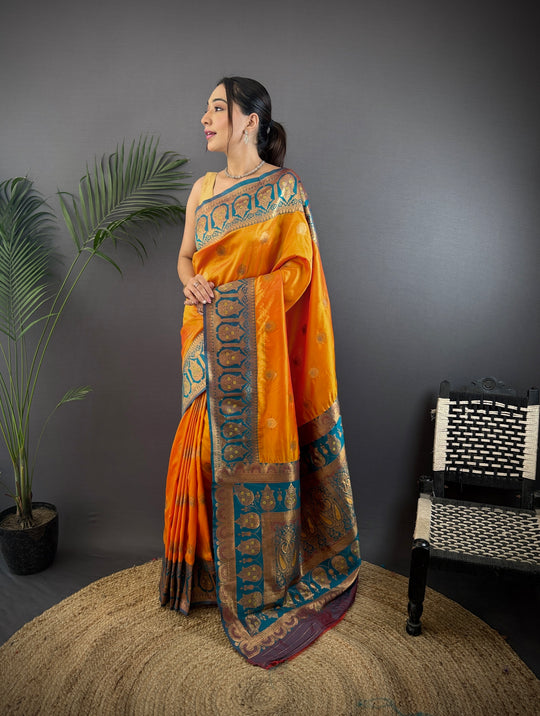 Orange Soft Banarasi Silk Zari Woven Designer Saree With Blouse