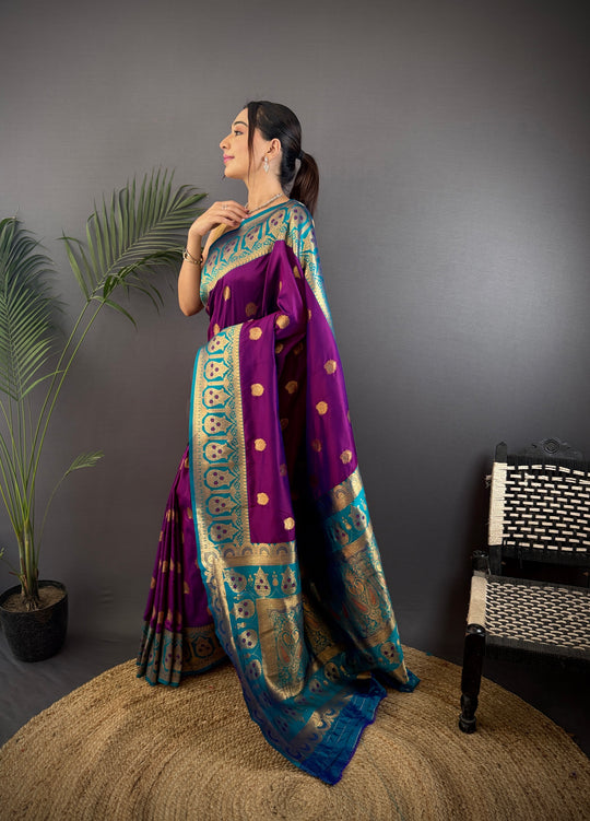 Purple Soft Banarasi Silk Zari Woven Designer Saree With Blouse