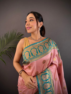 Baby Pink Soft Banarasi Silk Zari Woven Designer Saree With Blouse
